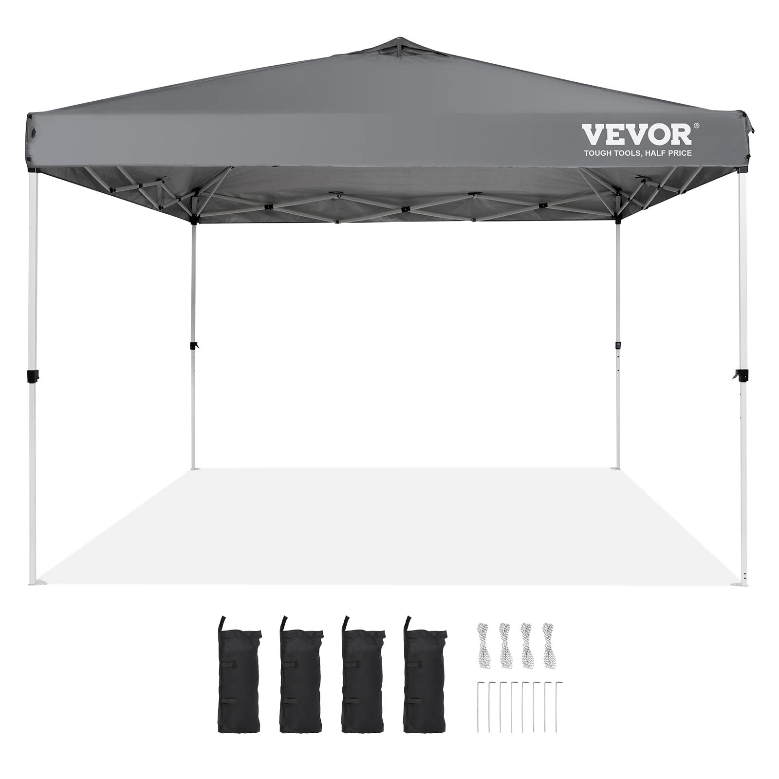VEVOR canopy beside people for scale showing spacious 100 square feet