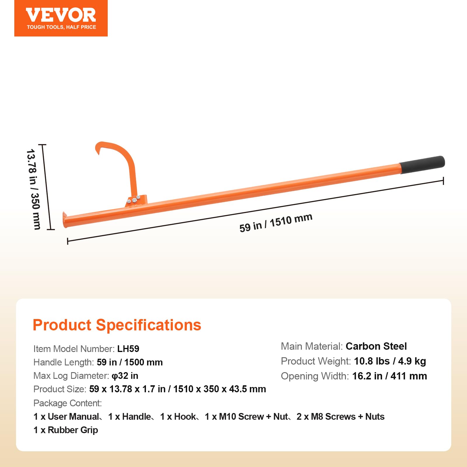VEVOR cant hook parts laid out for simple assembly with included fasteners
