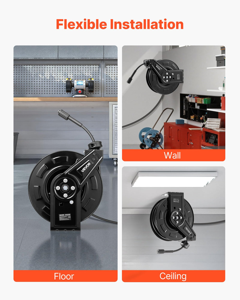 VEVOR ceiling-mounted reel above workbay for streamlined storage and easy access