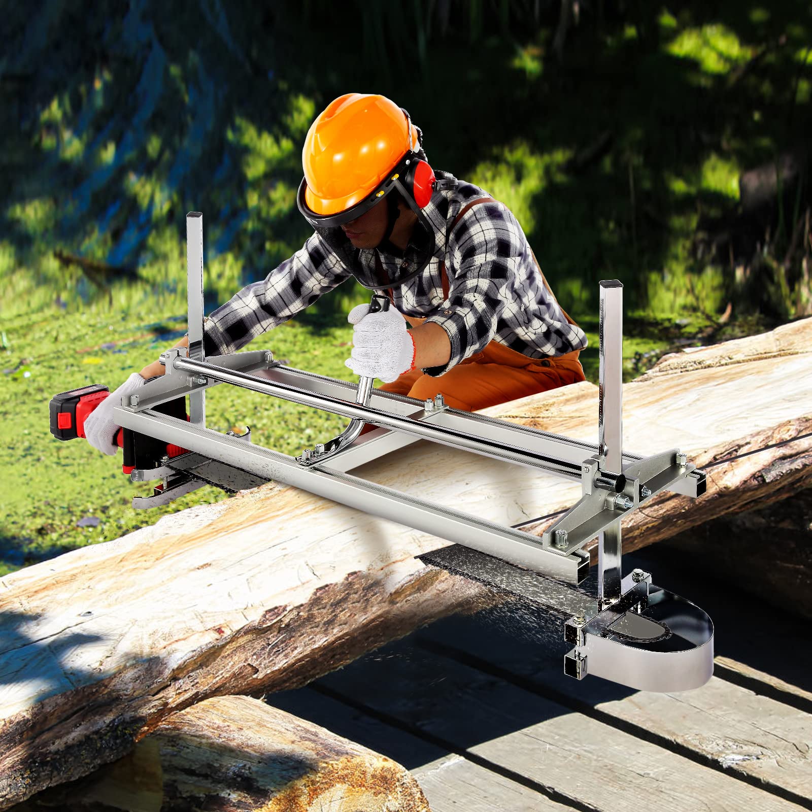 VEVOR milling a log in the woods producing live-edge lumber on-site