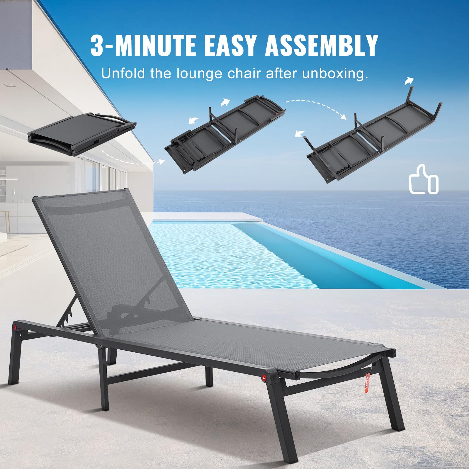 VEVOR fully flat tanning position displaying sunbathing comfort benefit