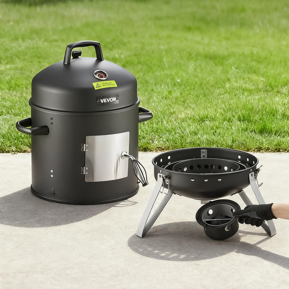 VEVOR smoker on tripod feet showing stable placement on patio surface