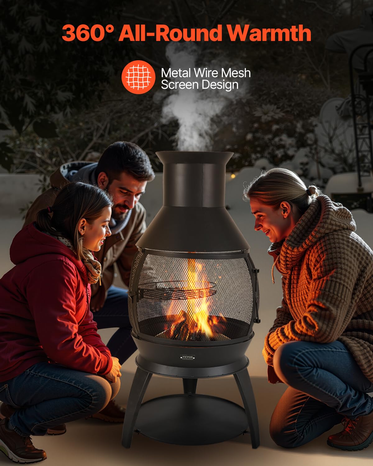 VEVOR chiminea chimney and lid detail showing heat-resistant coating benefit