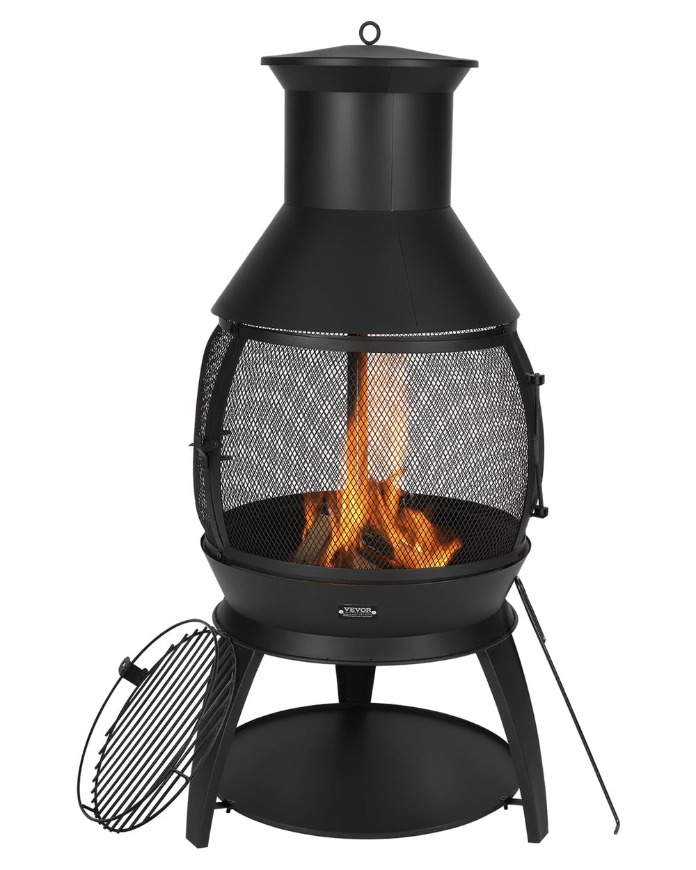 VEVOR chiminea front view showing iron body and warm glow benefit heat