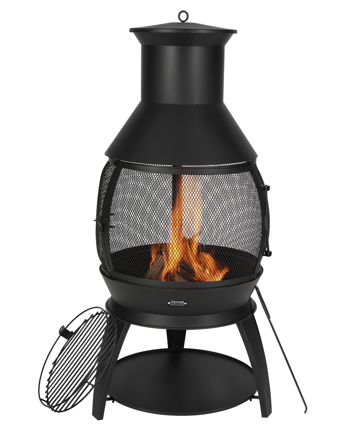 VEVOR chiminea front view showing iron body and warm glow benefit heat