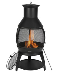 VEVOR chiminea front view showing iron body and warm glow benefit heat