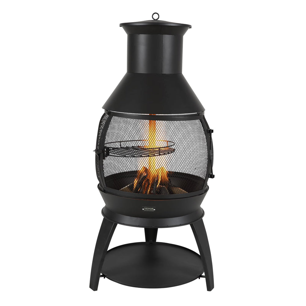VEVOR chiminea on patio with seating showing cozy outdoor entertaining benefit