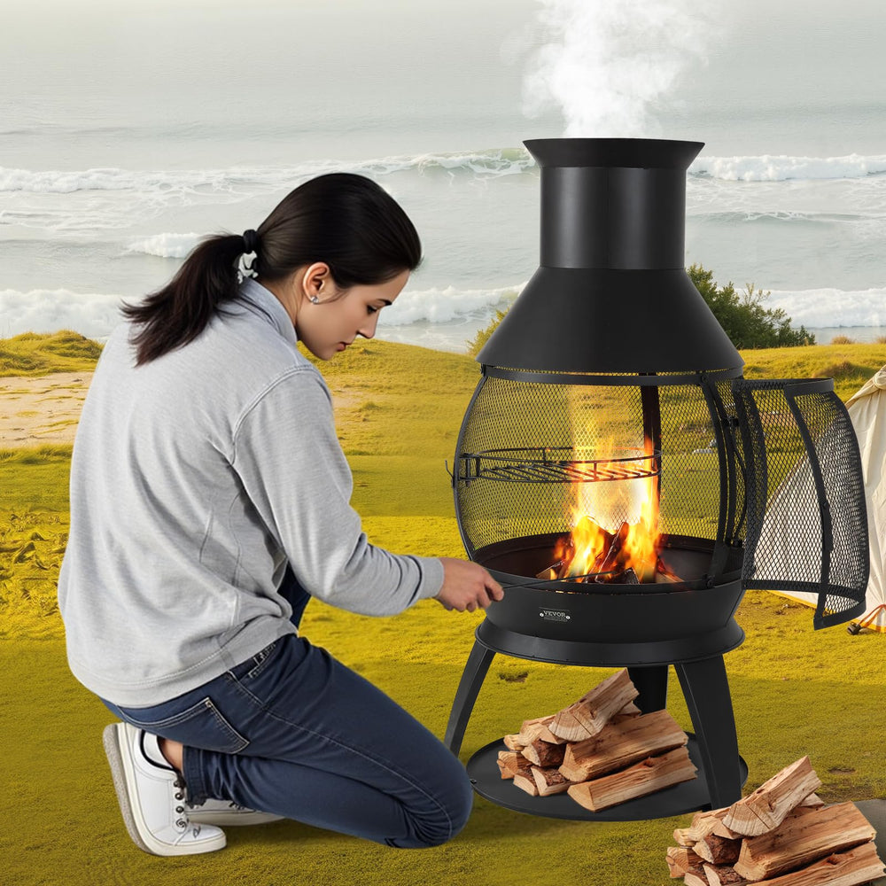 VEVOR chiminea next to person for scale showing compact portability benefit