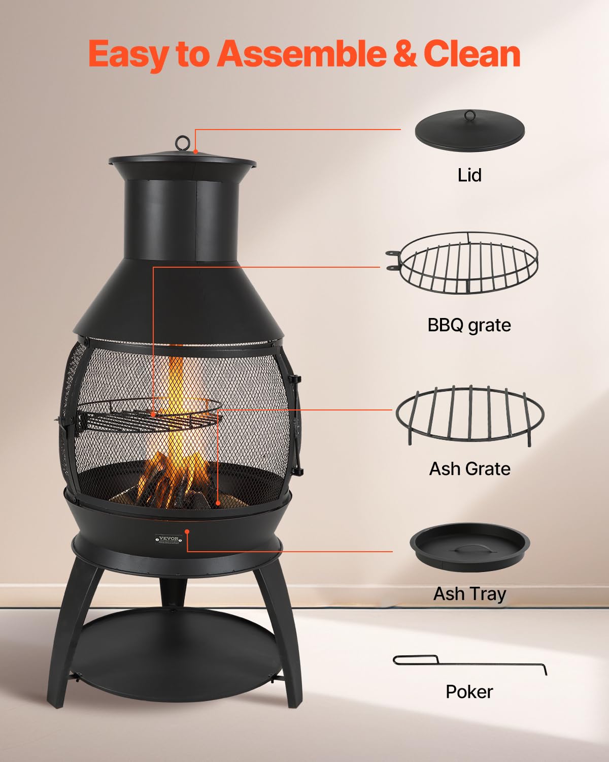 VEVOR chiminea side profile highlighting spherical shape and wide warmth benefit