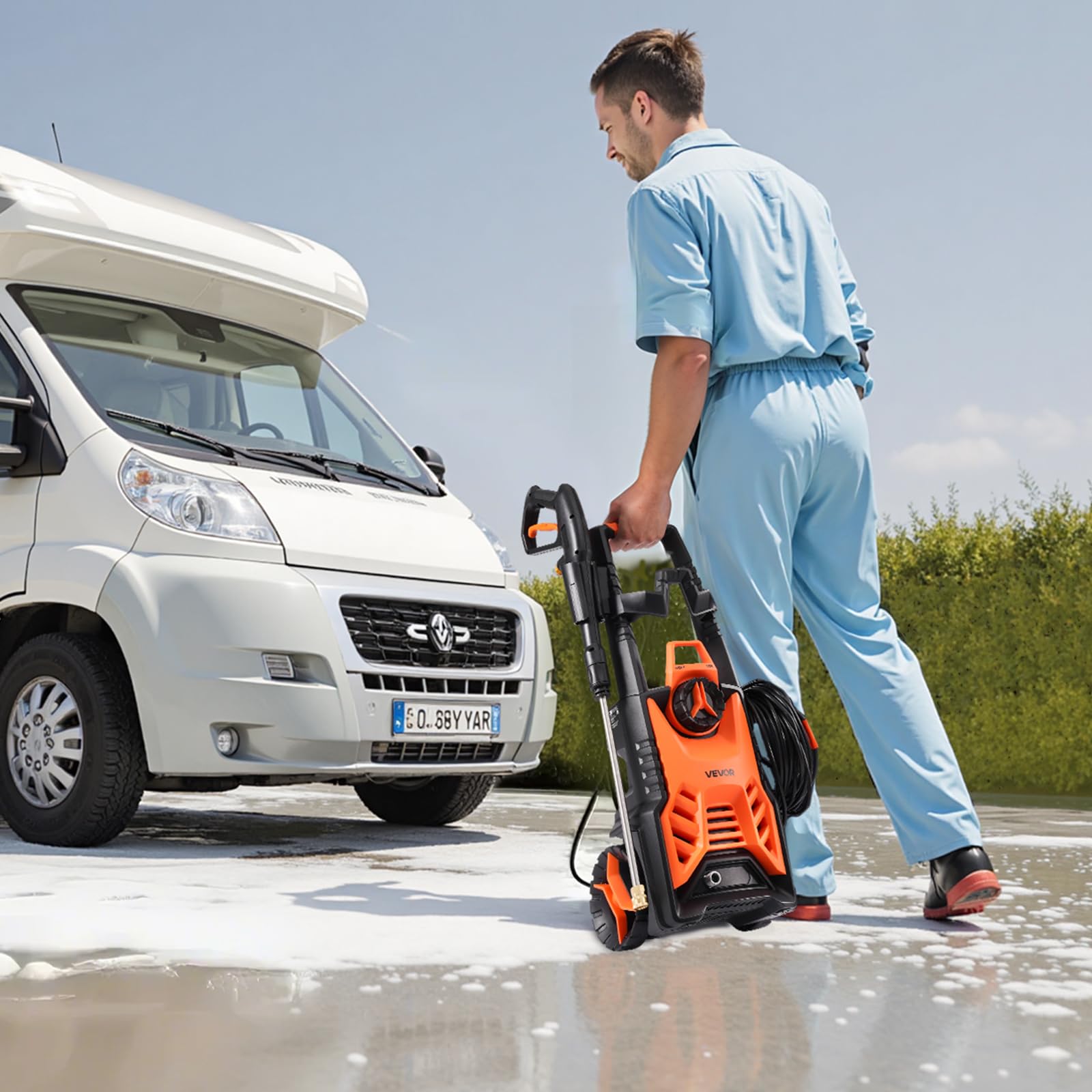 VEVOR cleaning a driveway demonstrating high-power stain removal performance