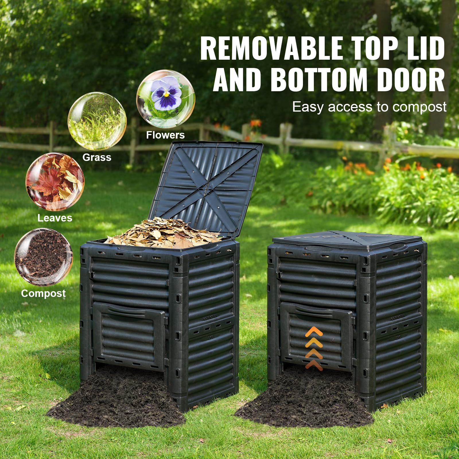 VEVOR composter next to recycling bin showing scale and 300L capacity convenience