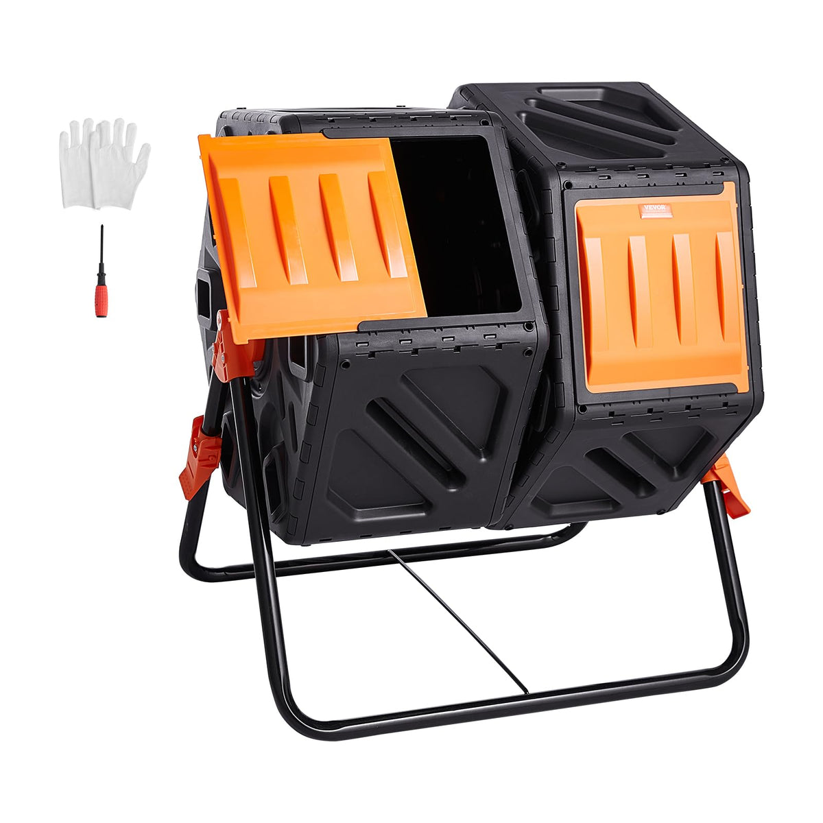 VEVOR compost bin front view showing dual chambers and benefits of easy access