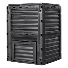 VEVOR front view of 80-gallon compost bin showing capacity and compact footprint benefit