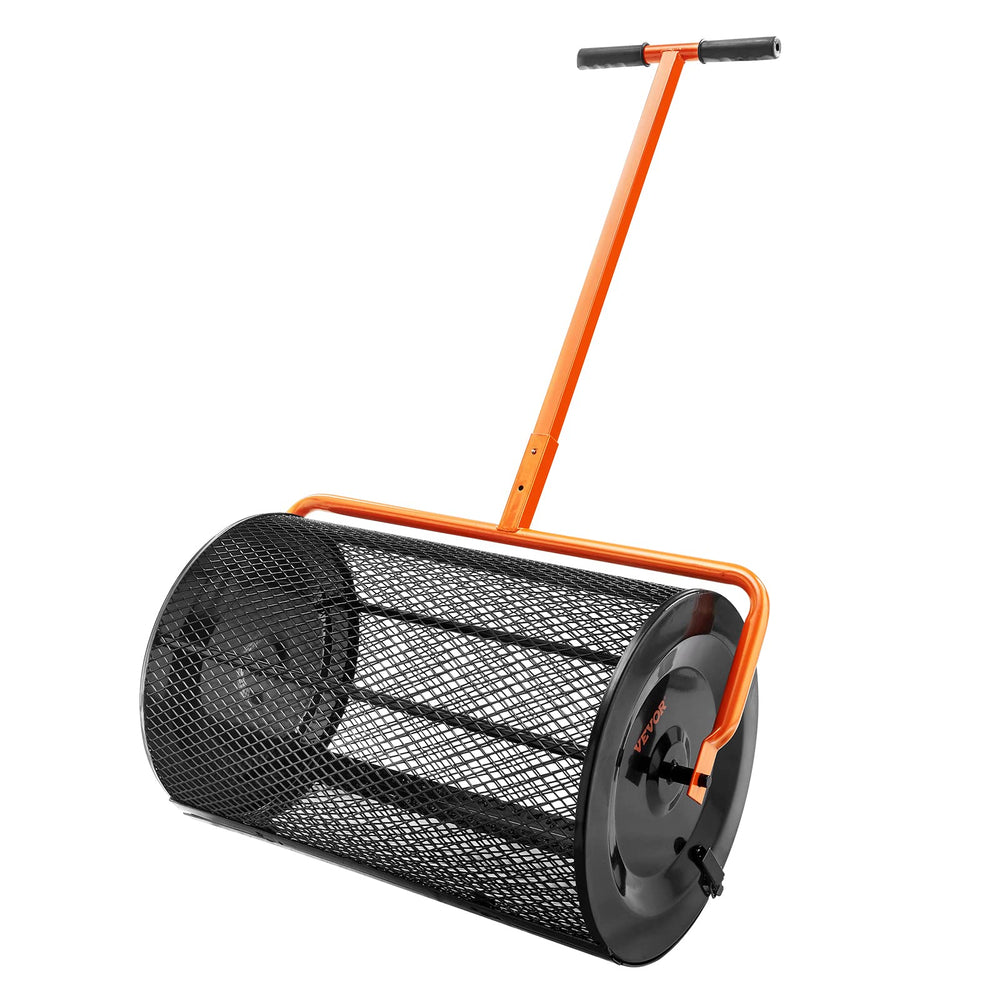 VEVOR compost spreader front view shows wide 24" basket for faster coverage