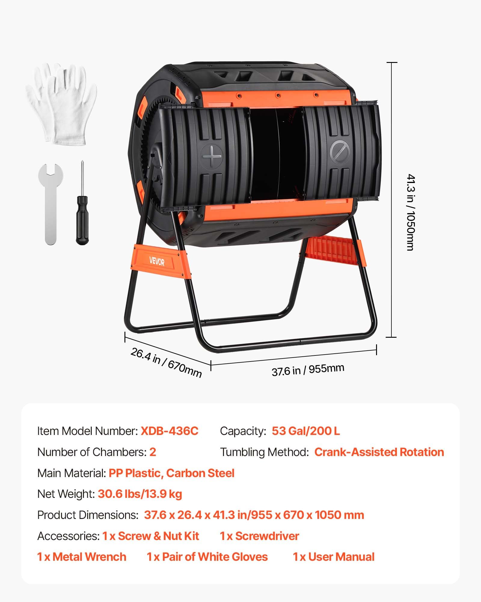 VEVOR compost tumbler barrel texture closeup showing heavy-duty plastic that resists UV damage