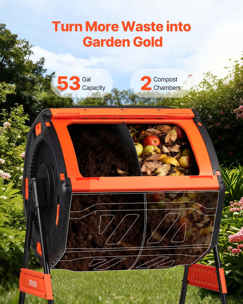 VEVOR compost tumbler with dual chambers open, demonstrates simultaneous curing and filling benefit