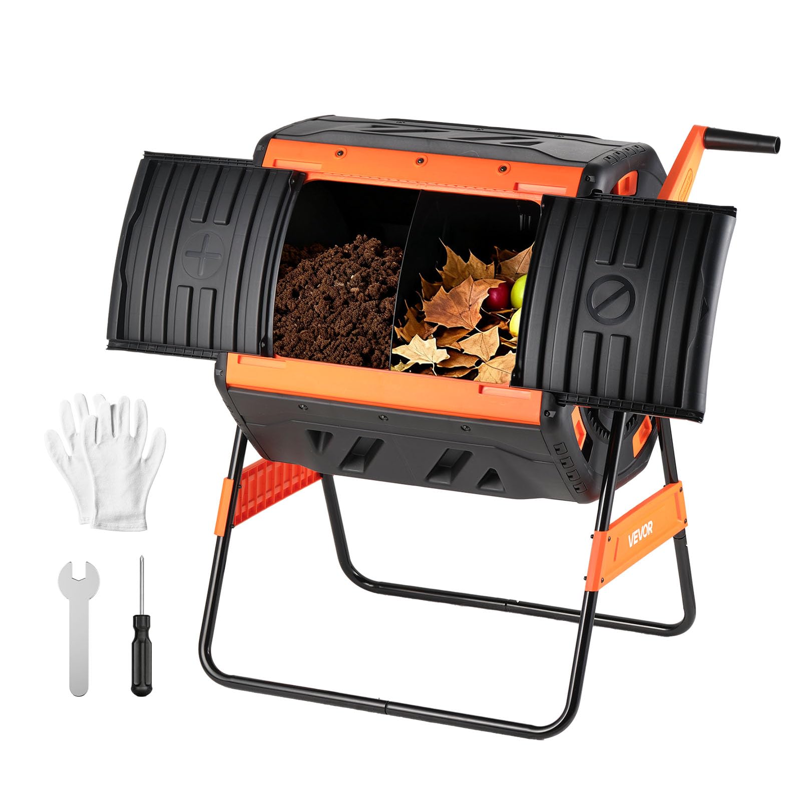 VEVOR compost tumbler front view showing durable barrel and frame, promotes tidy backyard composting