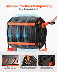 VEVOR compost tumbler hand-crank detail highlighting easy-turn mechanism for faster mixing