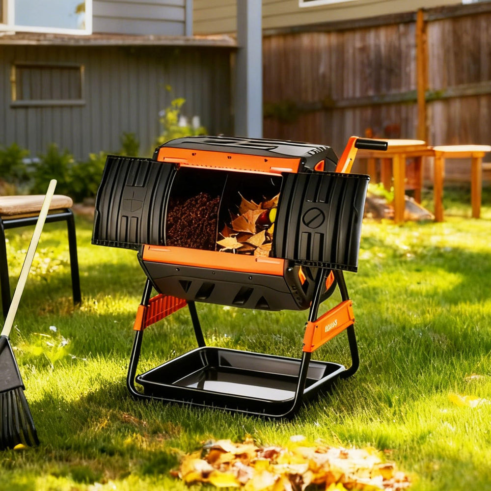 VEVOR compost tumbler in garden setting illustrating practical outdoor placement and use