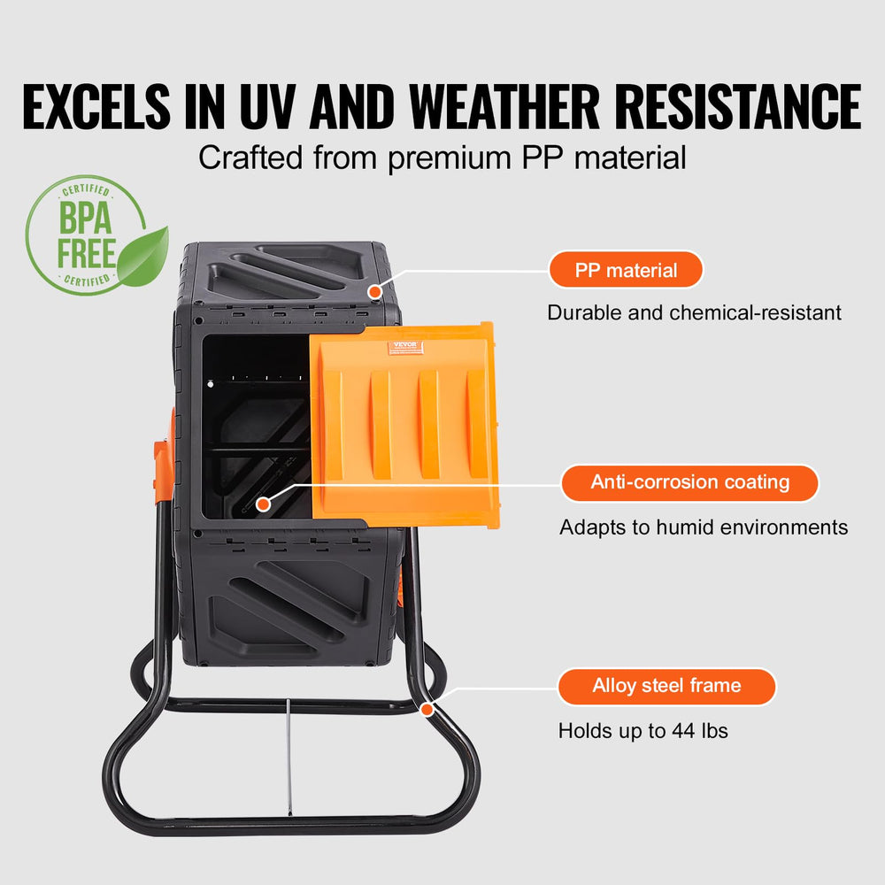 VEVOR compost tumbler installed on patio demonstrating space-saving placement