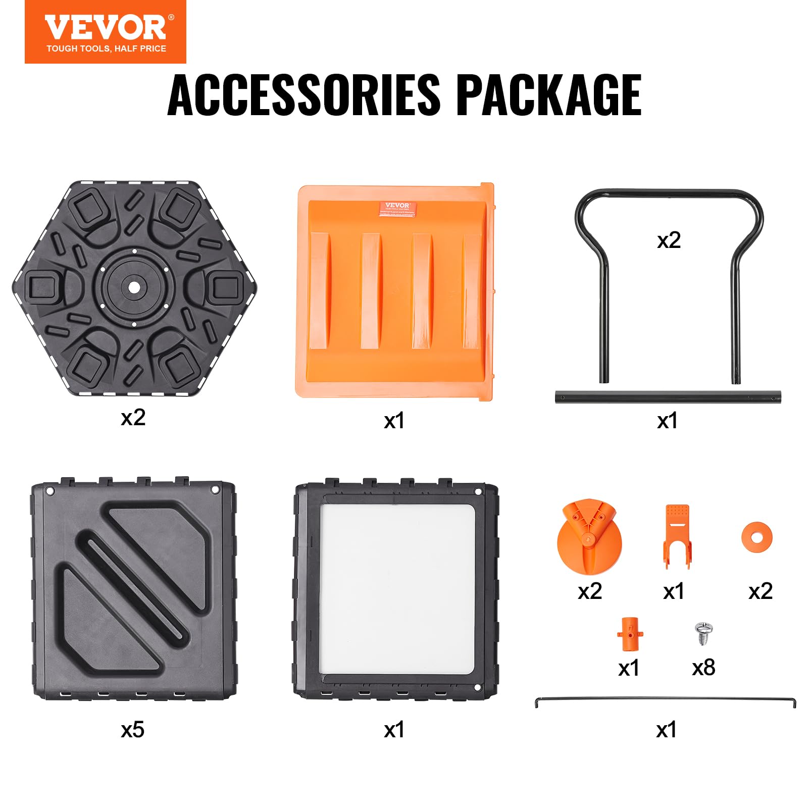 VEVOR compost tumbler next to garden tools for scale and storage convenience