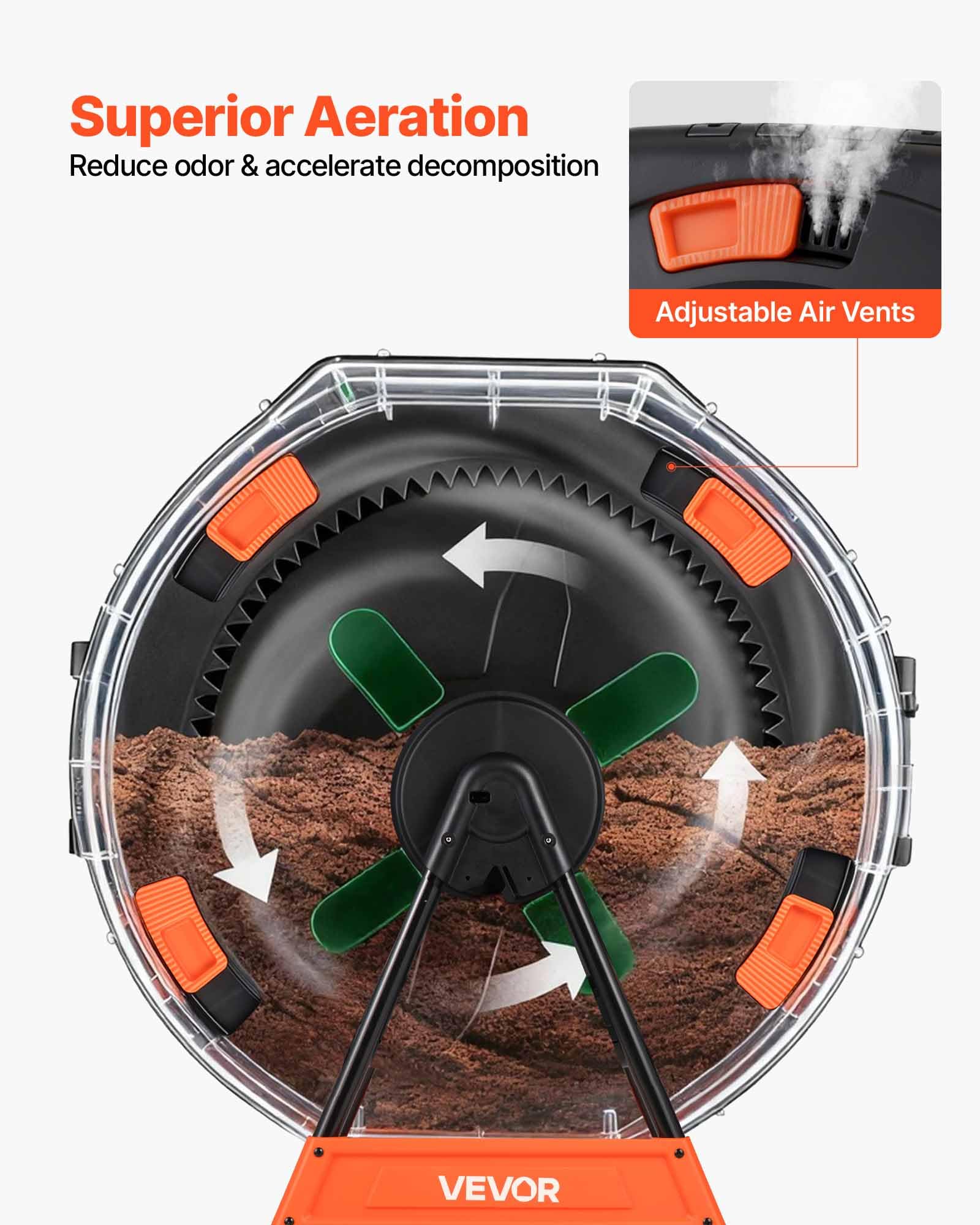 VEVOR compost tumbler ventilation ports closeup showing adjustable vents to reduce odors