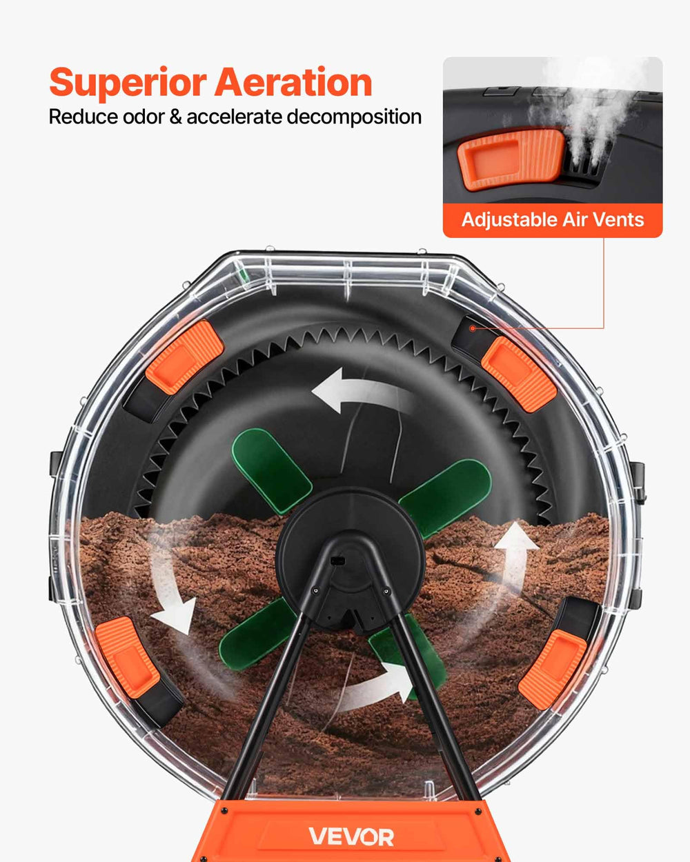 VEVOR compost tumbler ventilation ports closeup showing adjustable vents to reduce odors