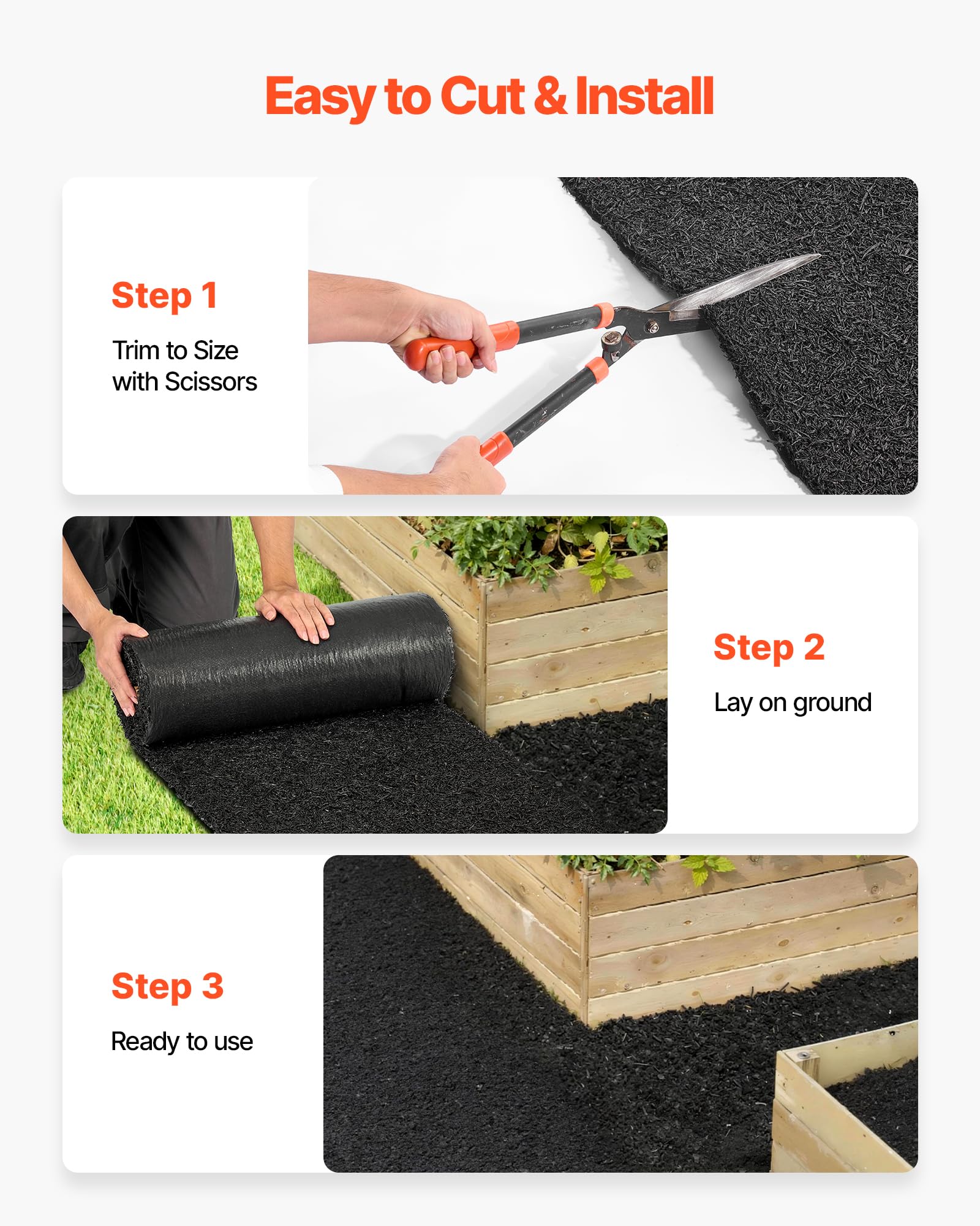 VEVOR being trimmed with scissors illustrating cuttable mat for custom-fit landscaping