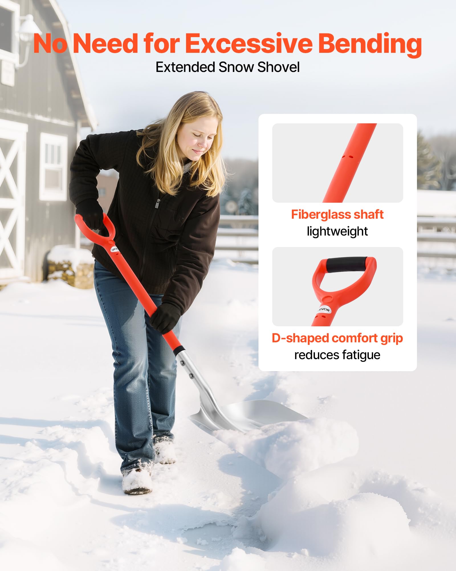 VEVOR D-shaped handle detail showing ergonomic grip and reduced wrist strain
