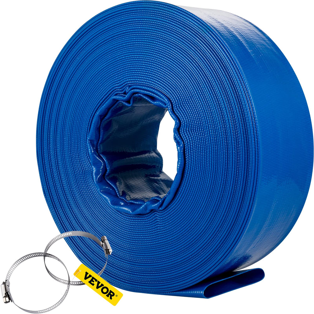 VEVOR front view of blue discharge hose showing full length and portability