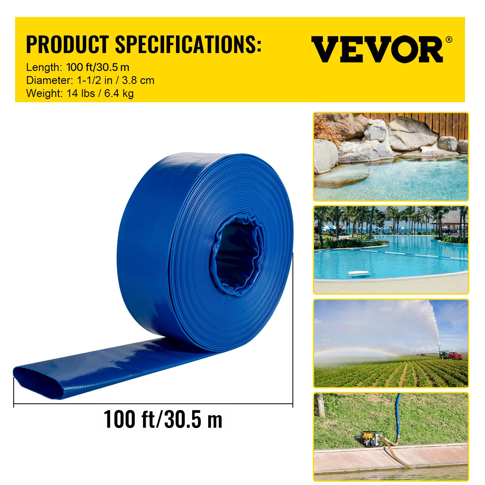 VEVOR hose stretched beside measuring tape showing the full 100-foot length