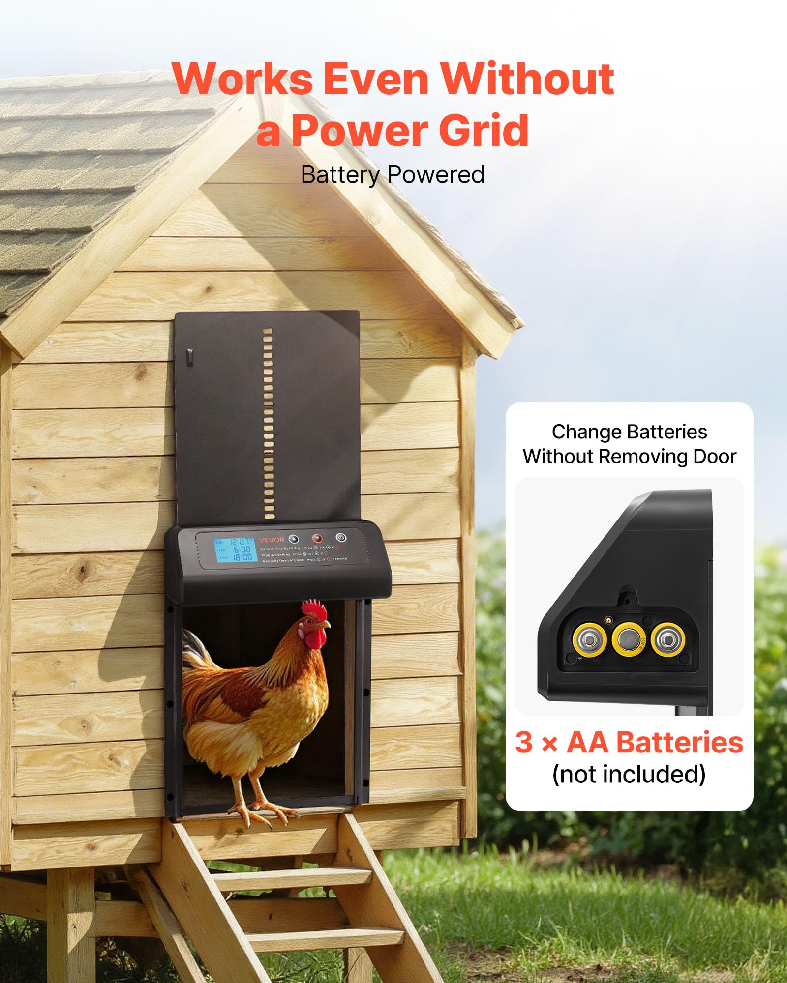 VEVOR open battery compartment showing simple AA battery power benefit