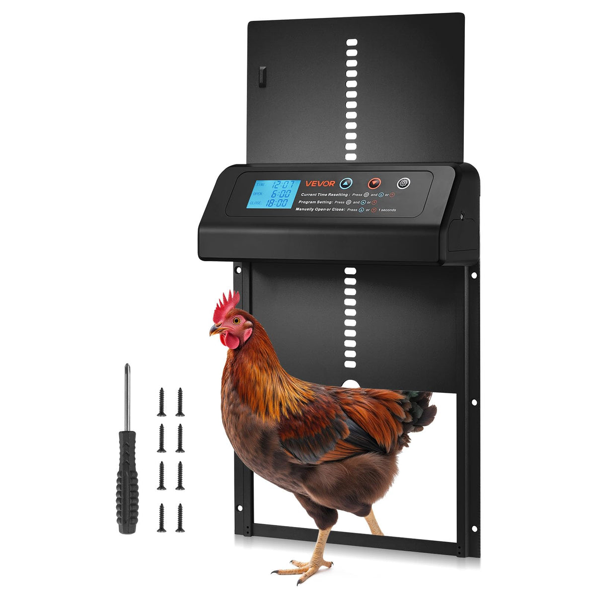 VEVOR front view of the automatic coop door showing durable build and easy access