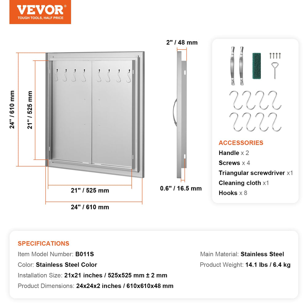 VEVOR door next to a ruler showing 24x24 scale for accurate measurement benefit