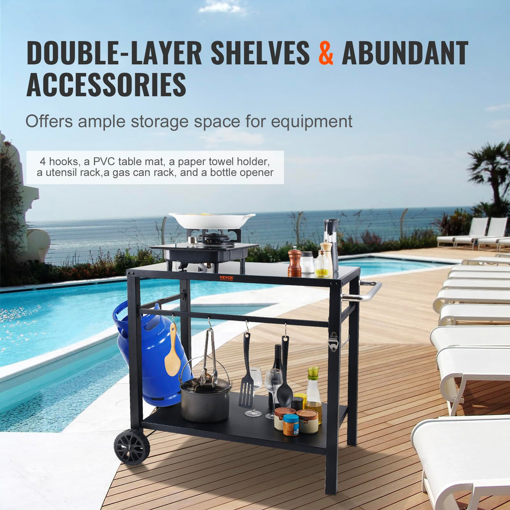 VEVOR double shelf storage shot displaying ample room for wood, charcoal, and gear