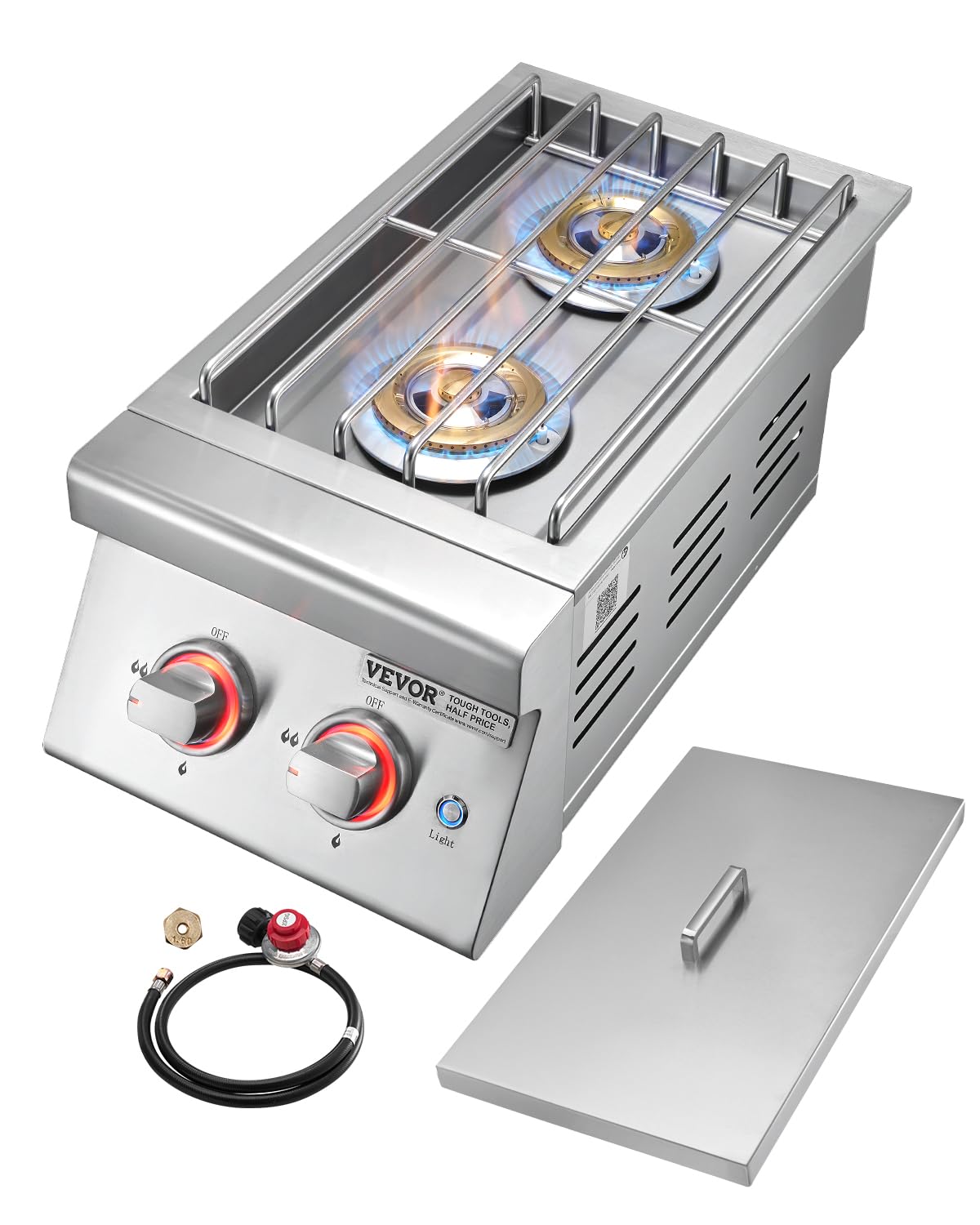 VEVOR double side burner front view showing dual burners and cover for durable outdoor cooking