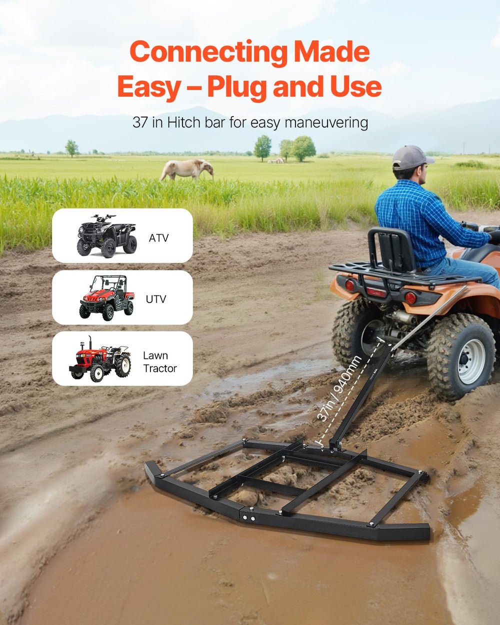 VEVOR hitch detail with pin connection demonstrating quick attachment for ATVs and tractors