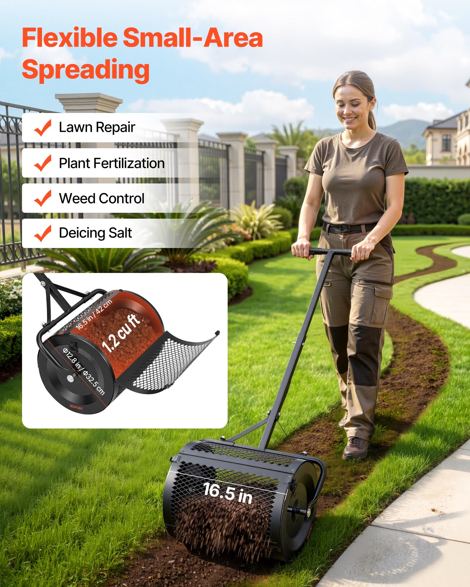 VEVOR close-up of diamond mesh drum highlighting clump-free filtering and consistent spread