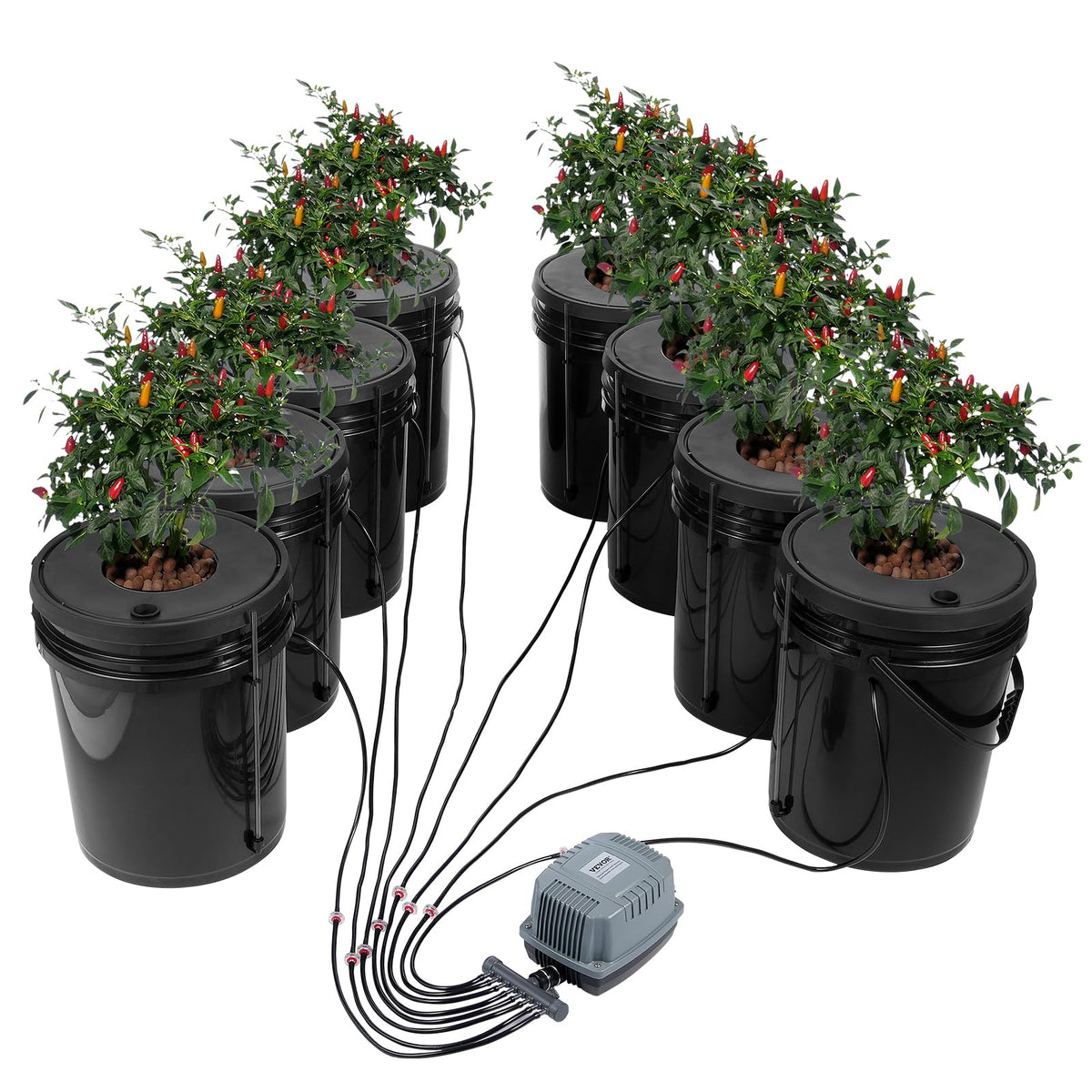 VEVOR front view of 8-bucket DWC kit showing complete setup and quick assembly benefit