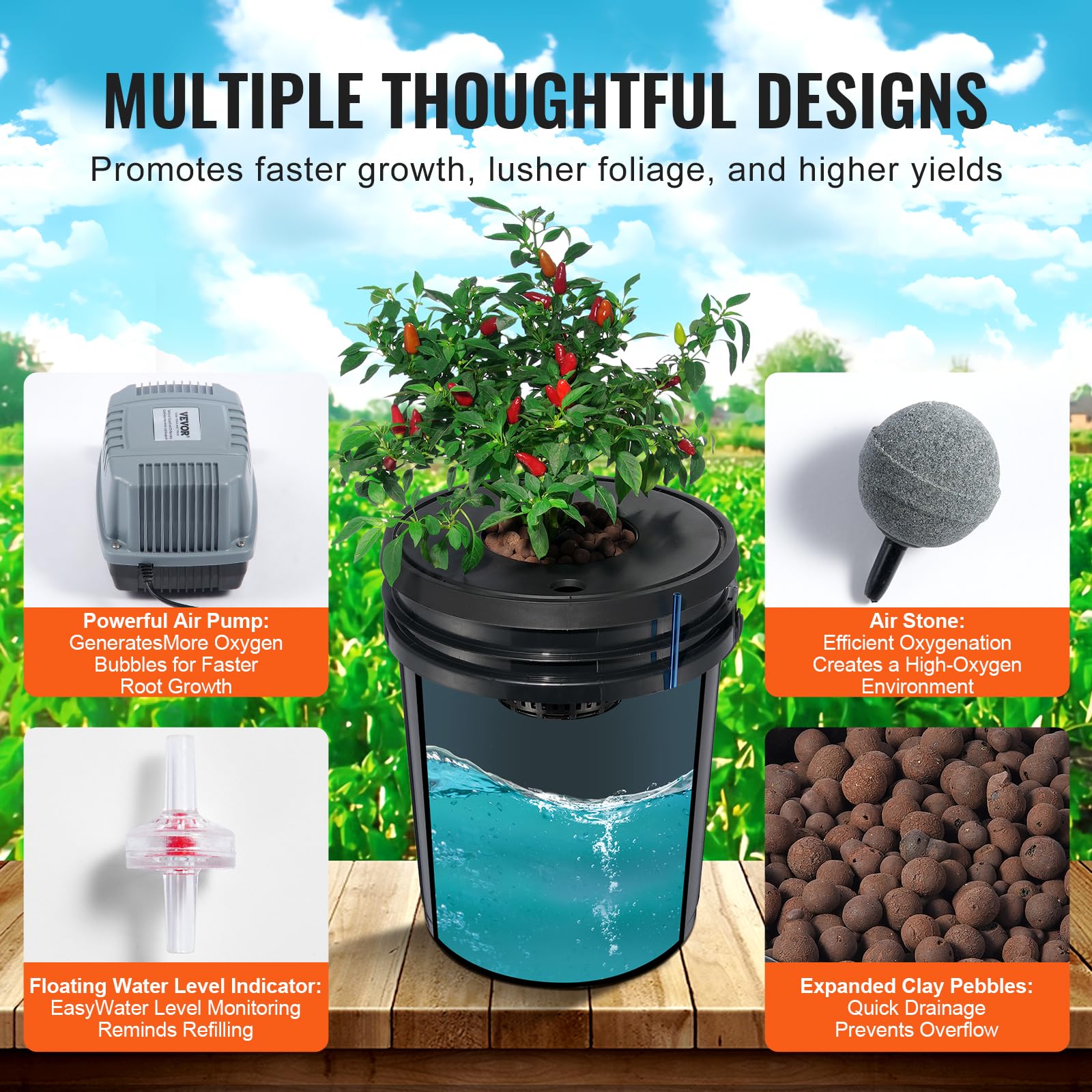 VEVOR air pump and hose layout supplying consistent oxygen to boost root health