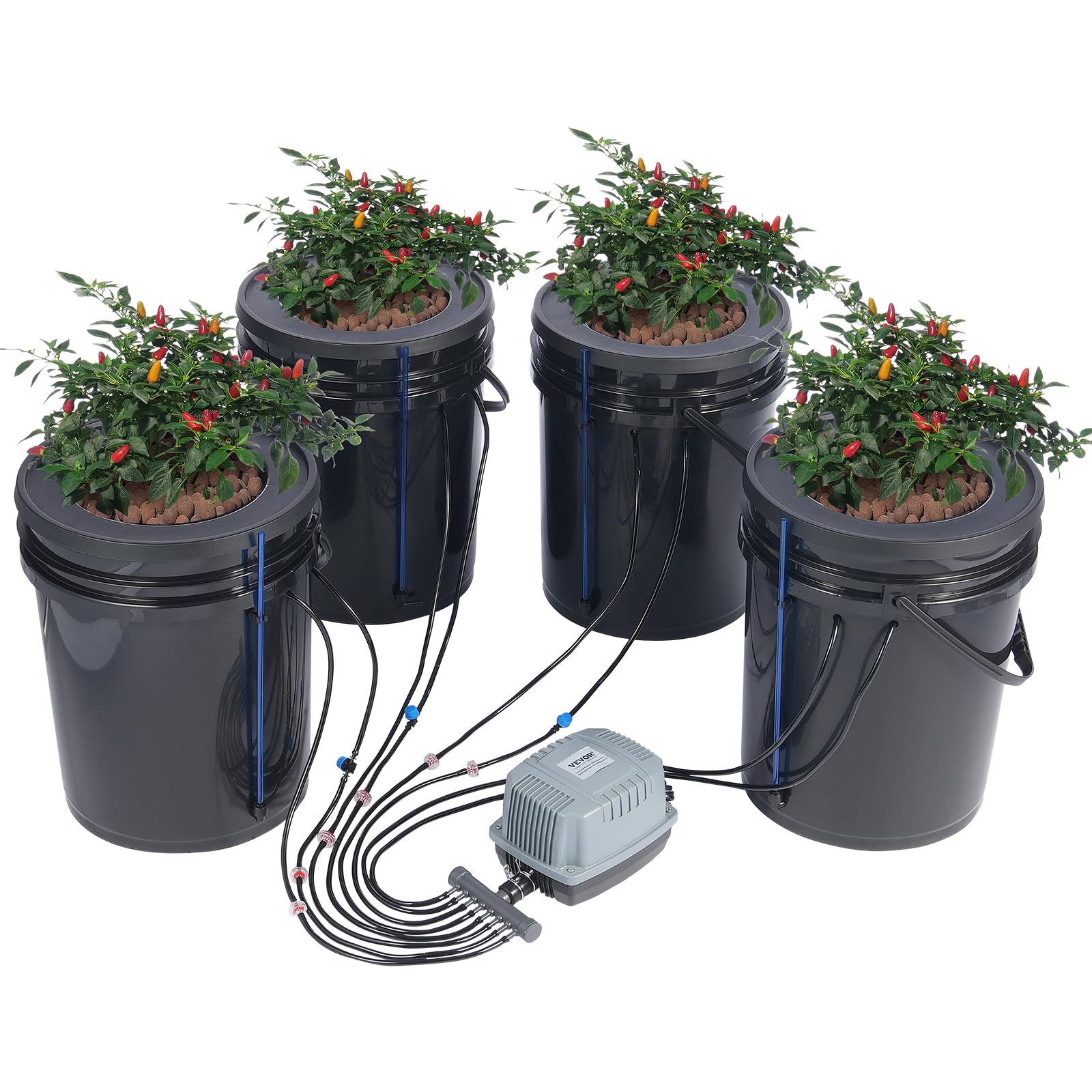 VEVOR assembled DWC system front view showing complete kit and sturdy buckets for reliable growing