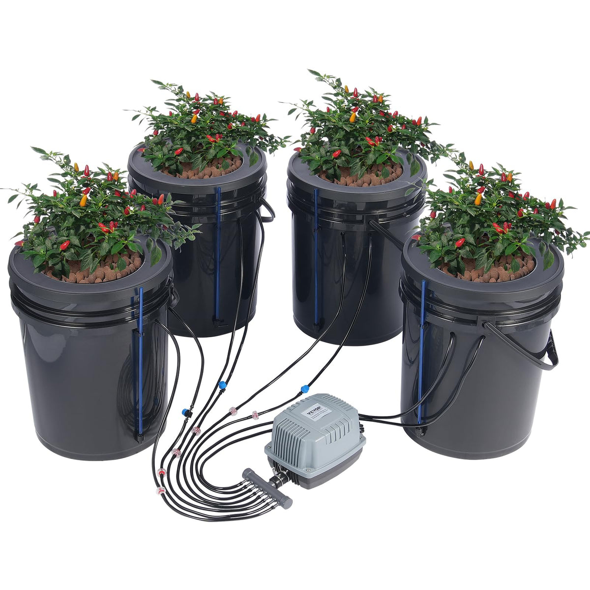 VEVOR assembled DWC system front view showing complete kit and sturdy buckets for reliable growing