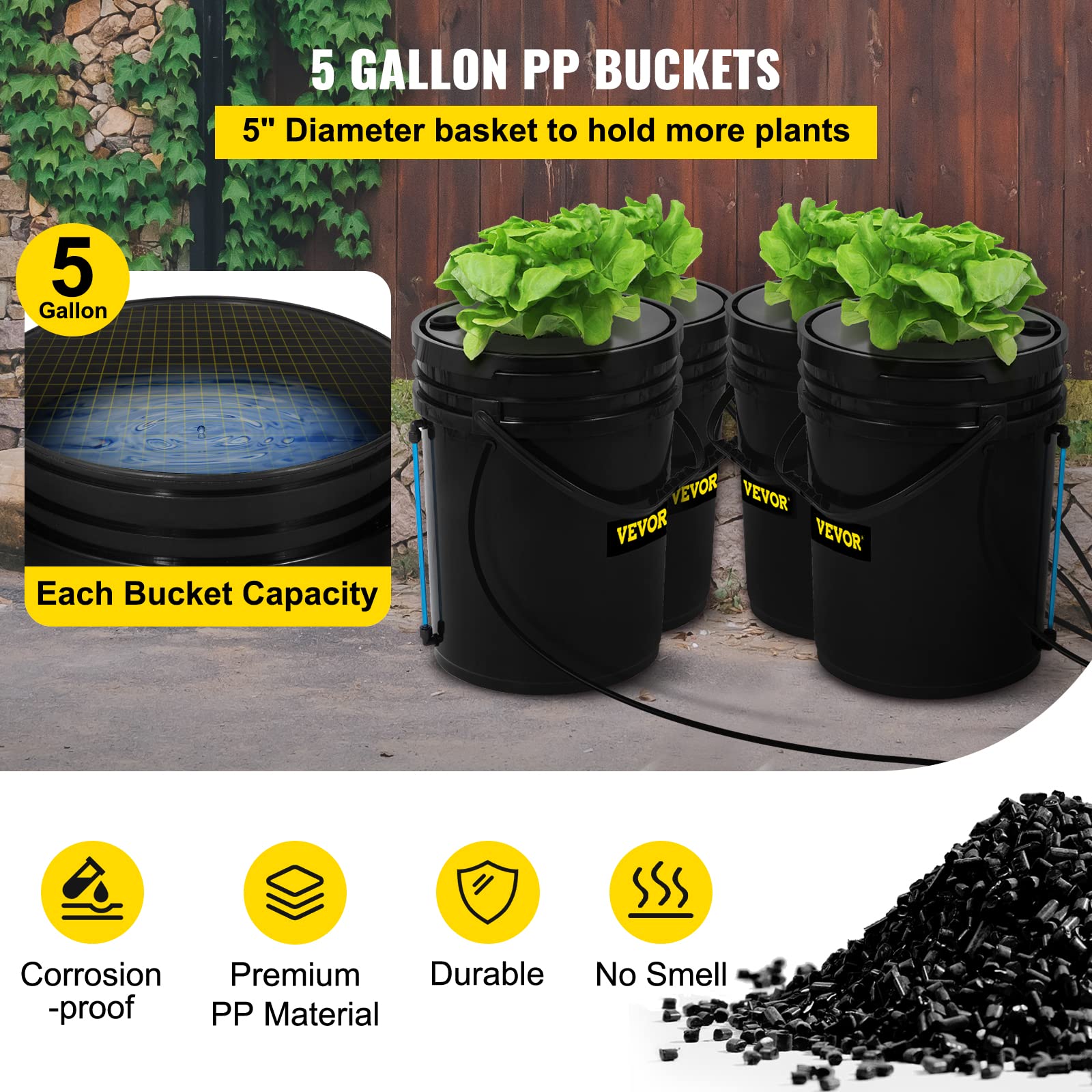 VEVOR bucket top with net pot and clay pebbles promoting easy planting