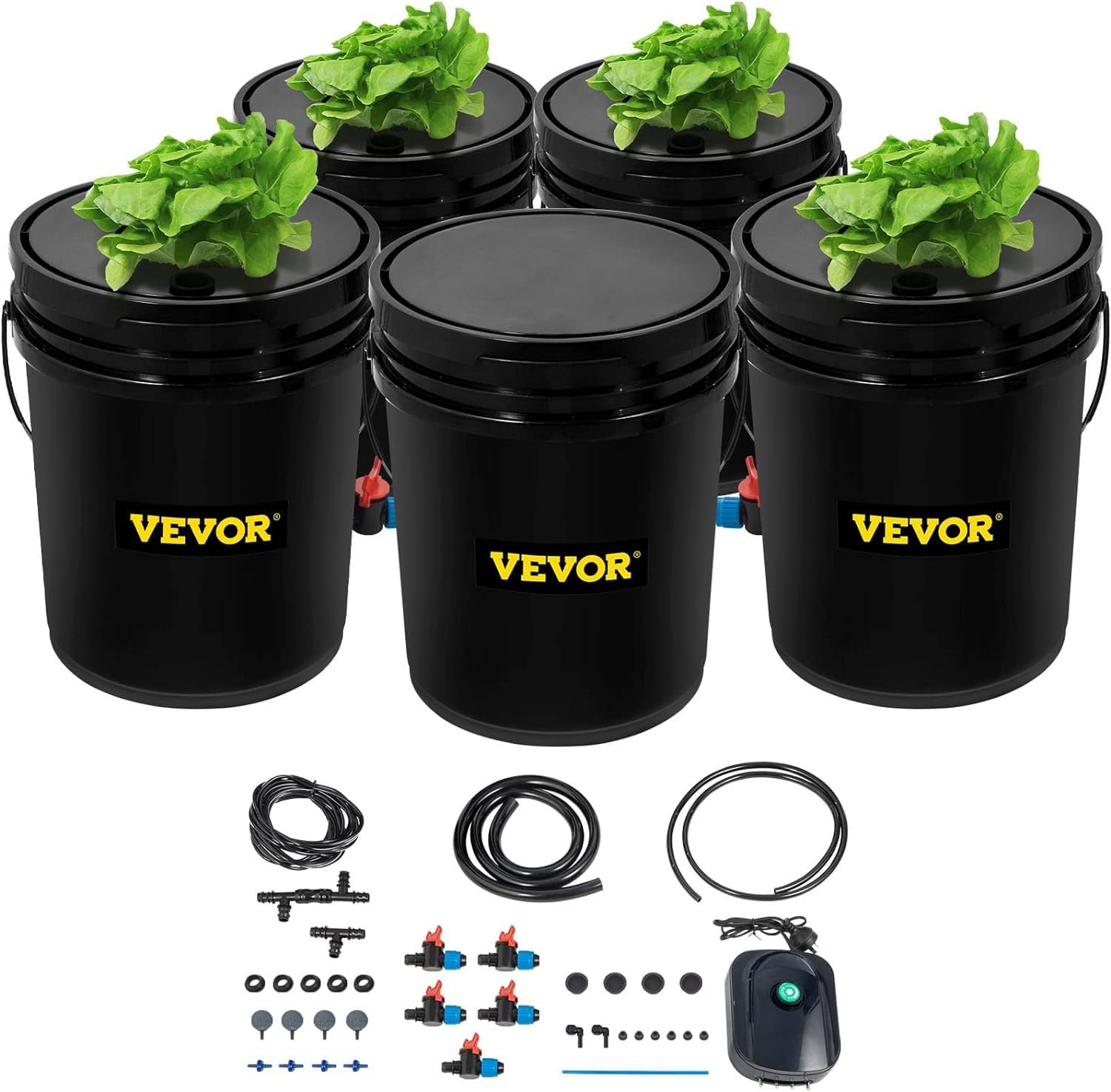 VEVOR front view showing five-bucket DWC kit and compact layout benefits