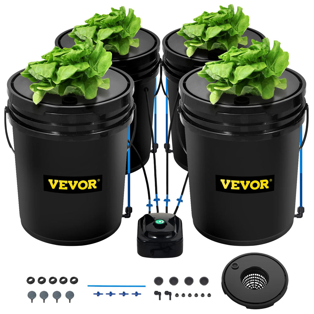 VEVOR front view of four-bucket DWC system showing compact layout and benefits