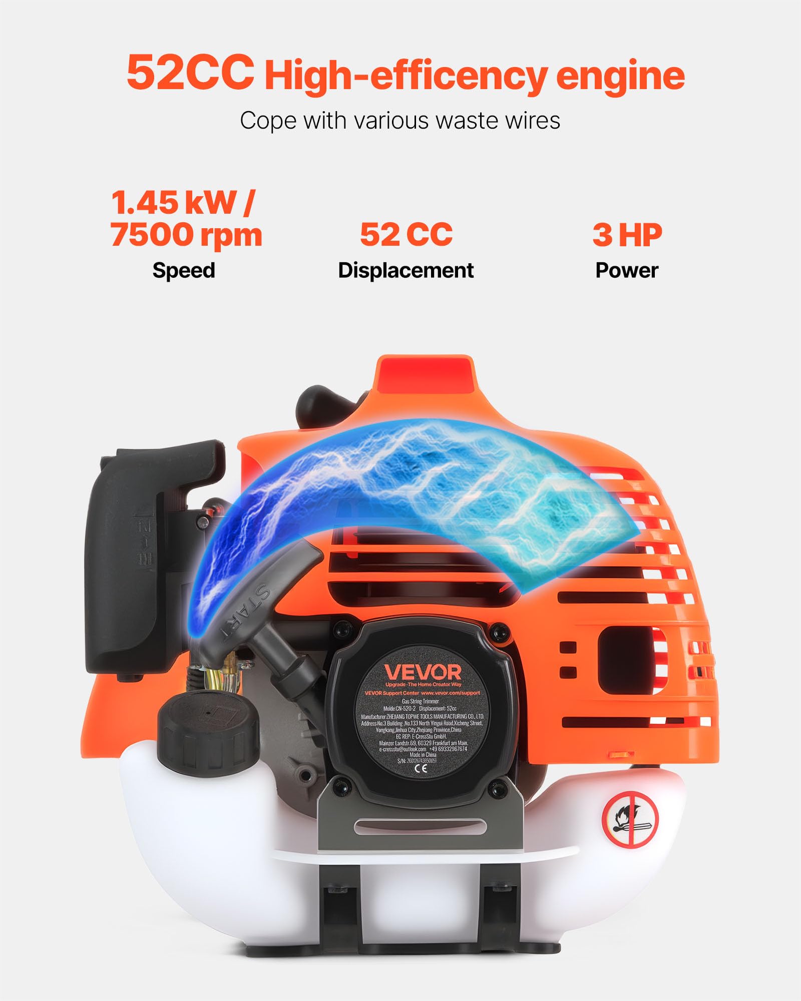 VEVOR engine close-up highlighting 52 cc power and reliable performance