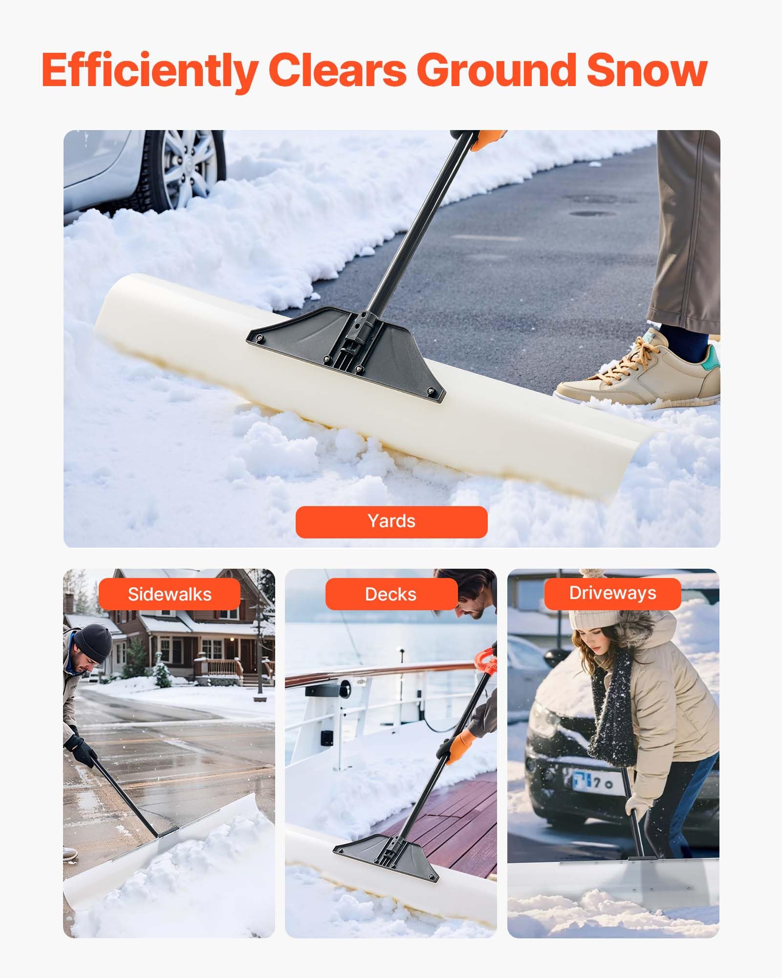 VEVOR ergonomic grip close-up reducing wrist strain while pushing snow