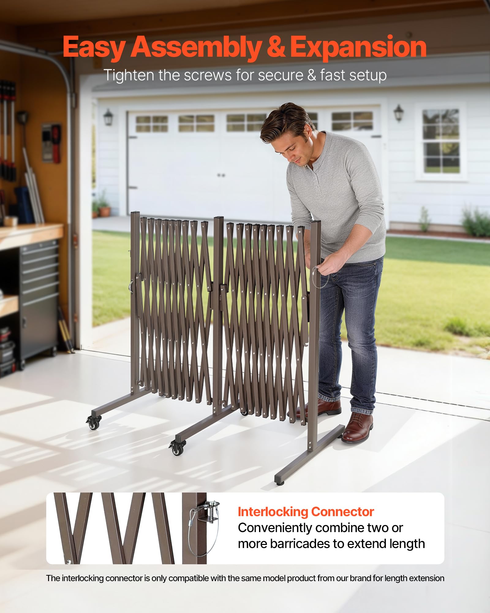 VEVOR fully extended 20ft barricade on patio showing large-area protection benefit