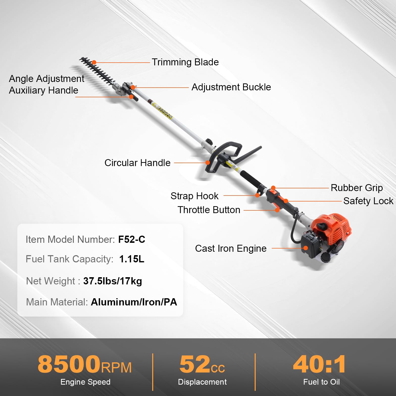VEVOR extension pole length comparison showing reach for taller hedges and branches