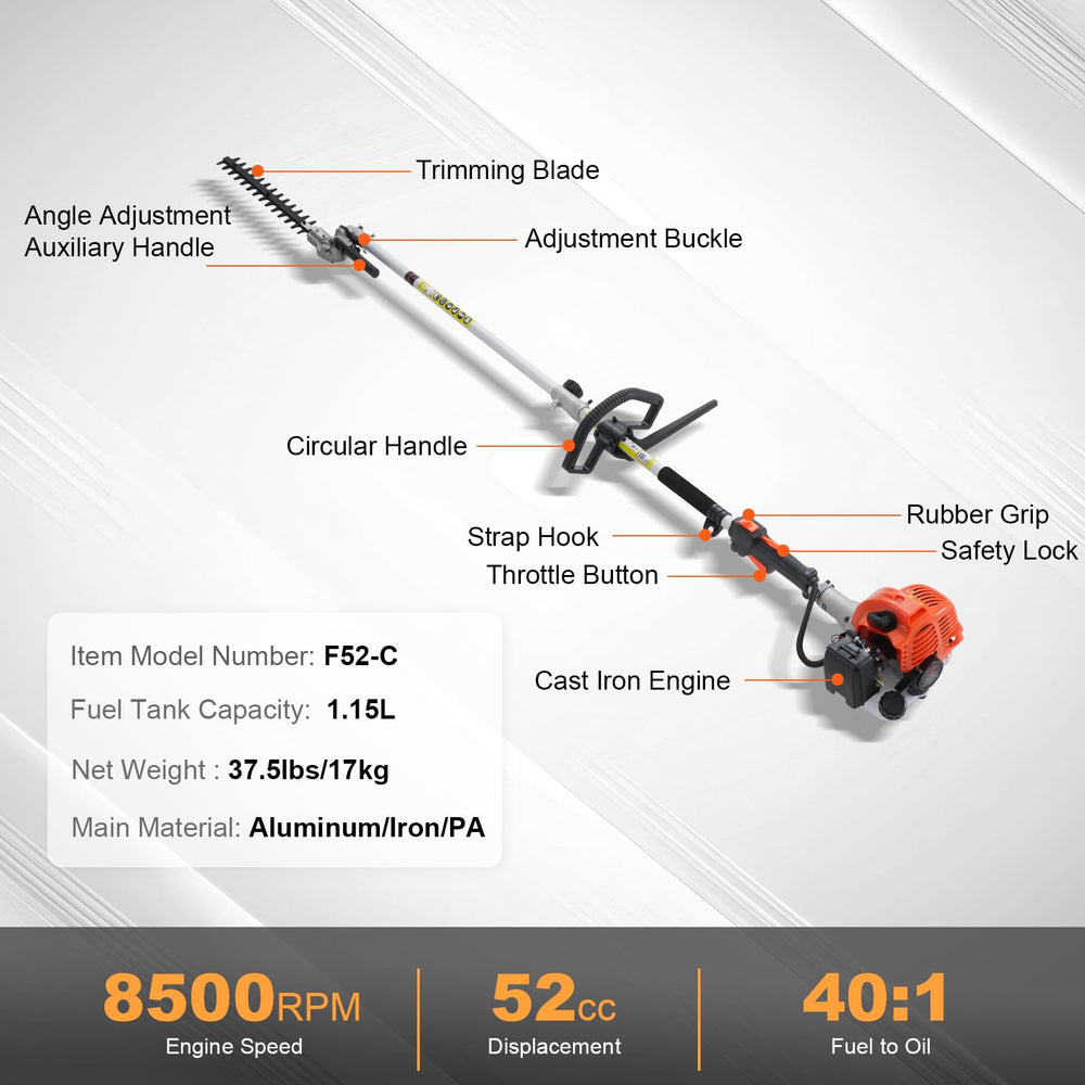 VEVOR extension pole length comparison showing reach for taller hedges and branches